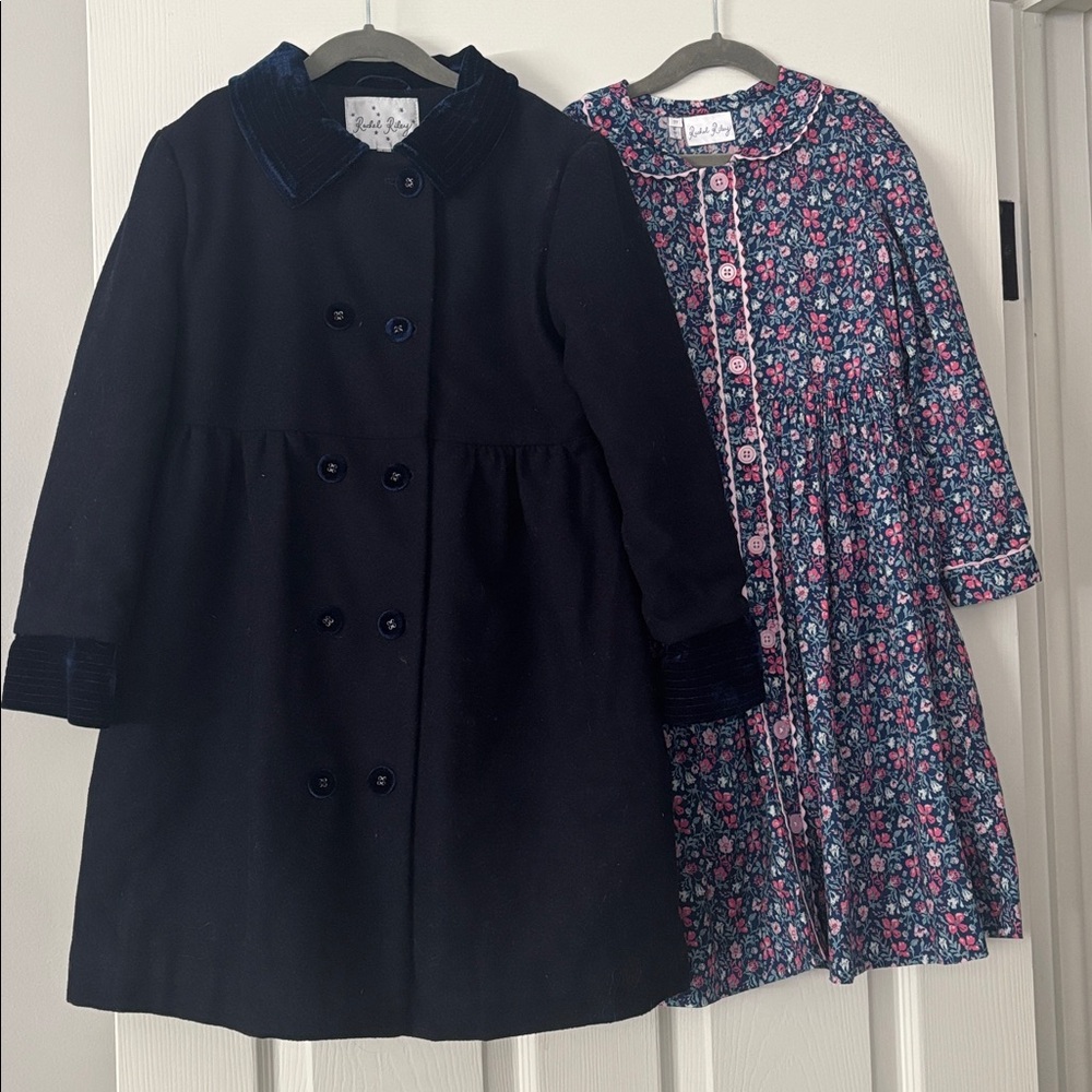 Rachel Riley Navy Velvet Button Coat and Button down flower Dress girls size 7